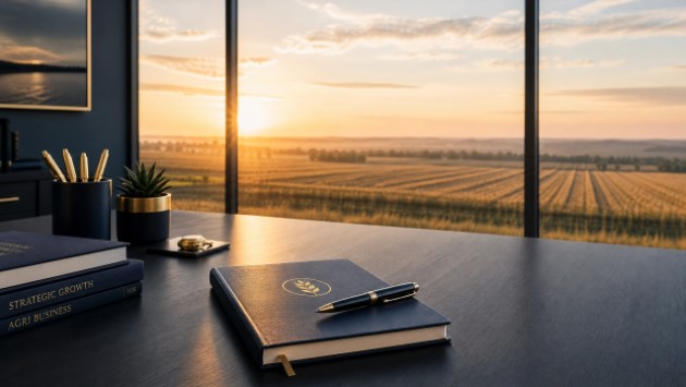 Uma foto de close-up de um escritório com um notebook aberto, óculos e uma caneta sobre a mesa de madeira, com um pôr do sol visível pela janela ao fundo.